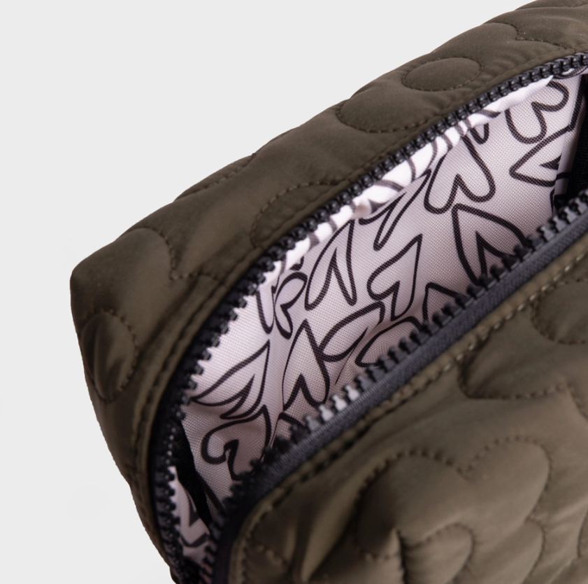 Khaki Quilted Flower Cosmetic Bag