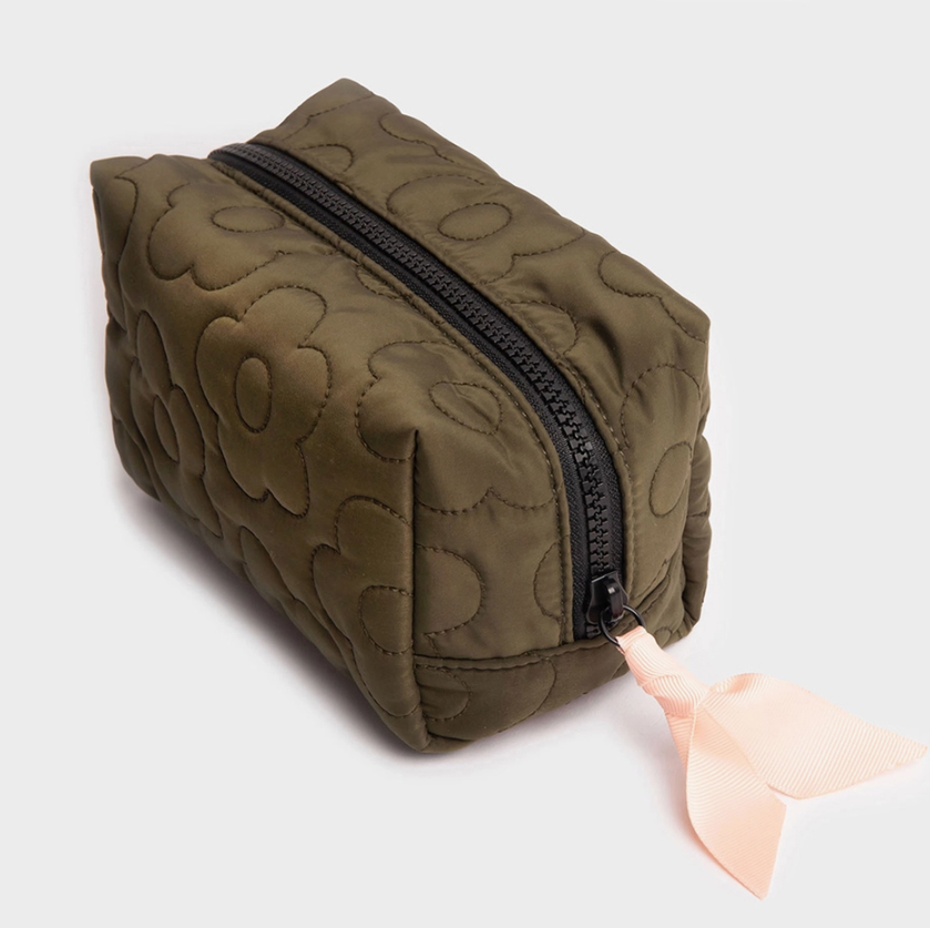 Khaki Quilted Flower Cosmetic Bag