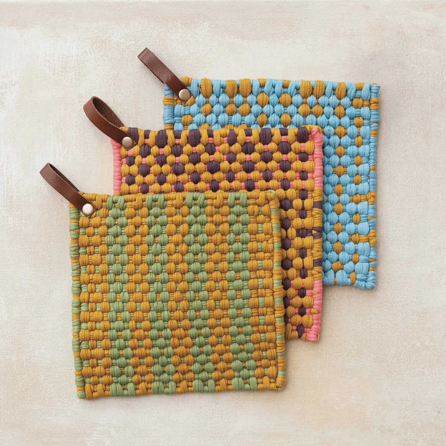 Cotton Crochet Pot Holder with Leather Loop