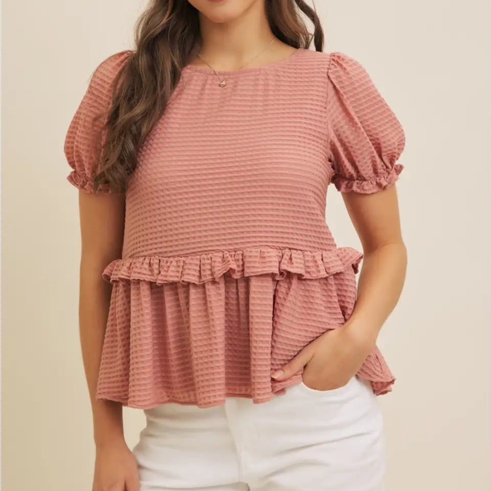Stretchy Textured Mesh Babydoll Top - Rose