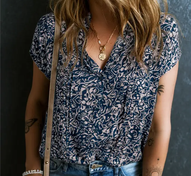 Navy Abstract Print Buttoned V Neck Short Sleeve Blouse