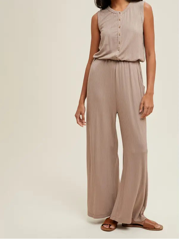 Ribbed Knit Button Up Jumpsuit - Mocha