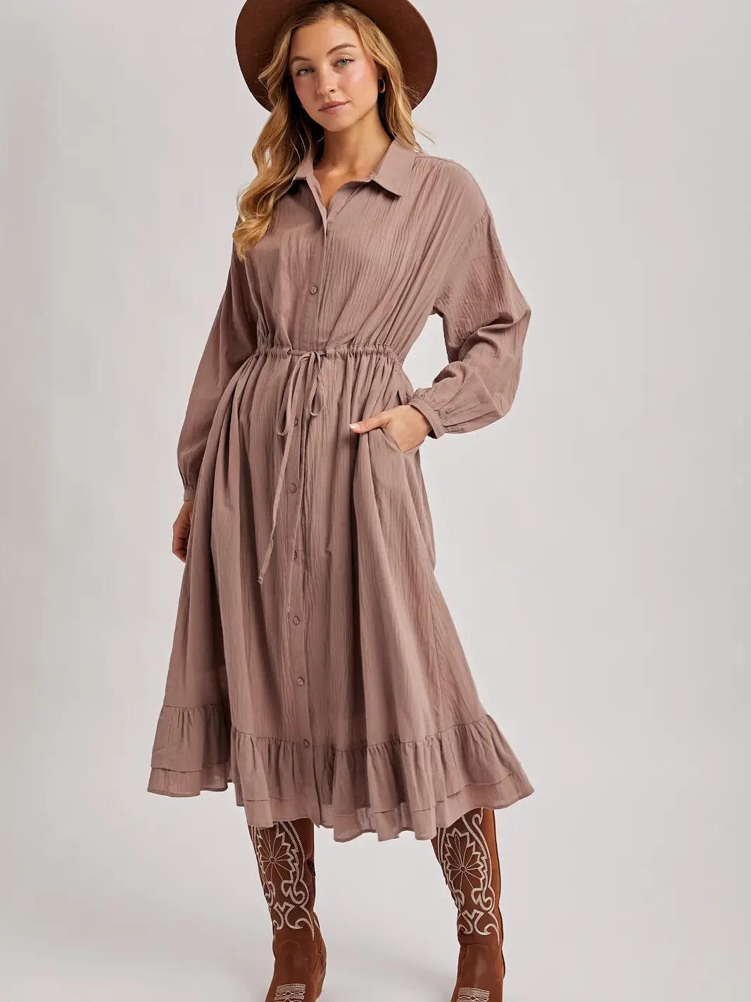 Ruffled Midi Shirt Dress - Mauve
