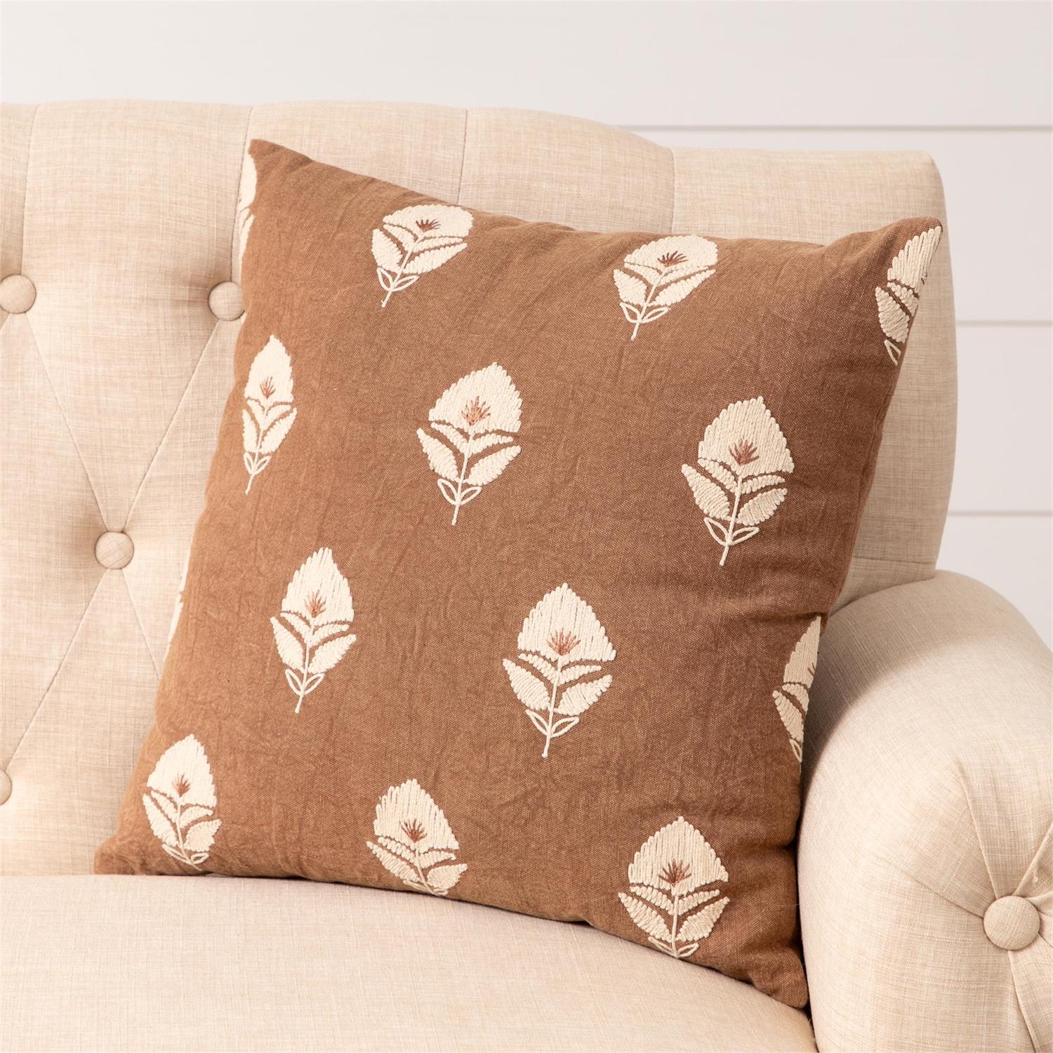 Rust Pillow With Embroidered Floral Block Print
