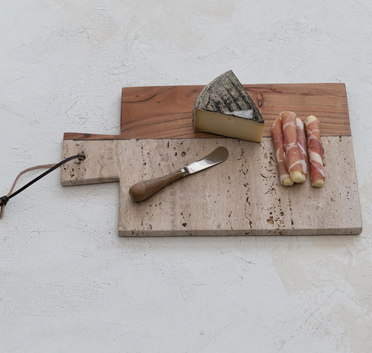 Travertine and Acacia Wood Cheese Cutting Board with Canape Knife