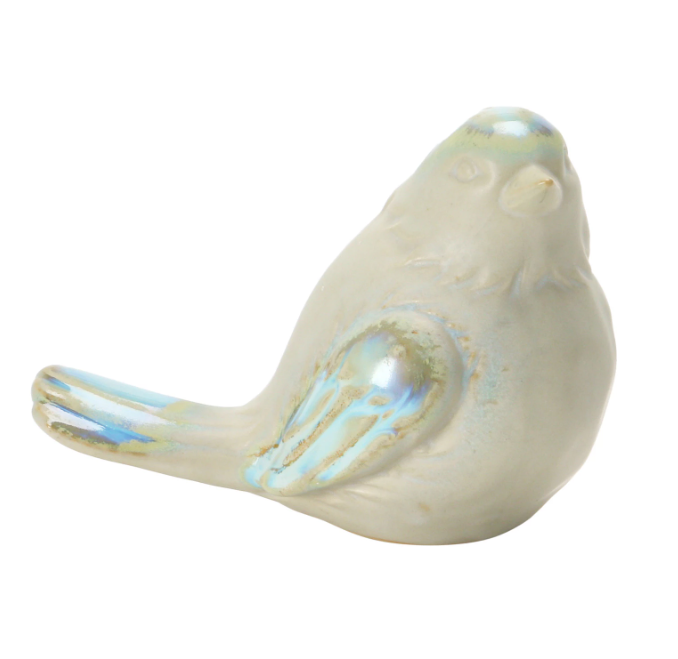 3.25&quot; White and Blue Reactive Glaze Stoneware Bird