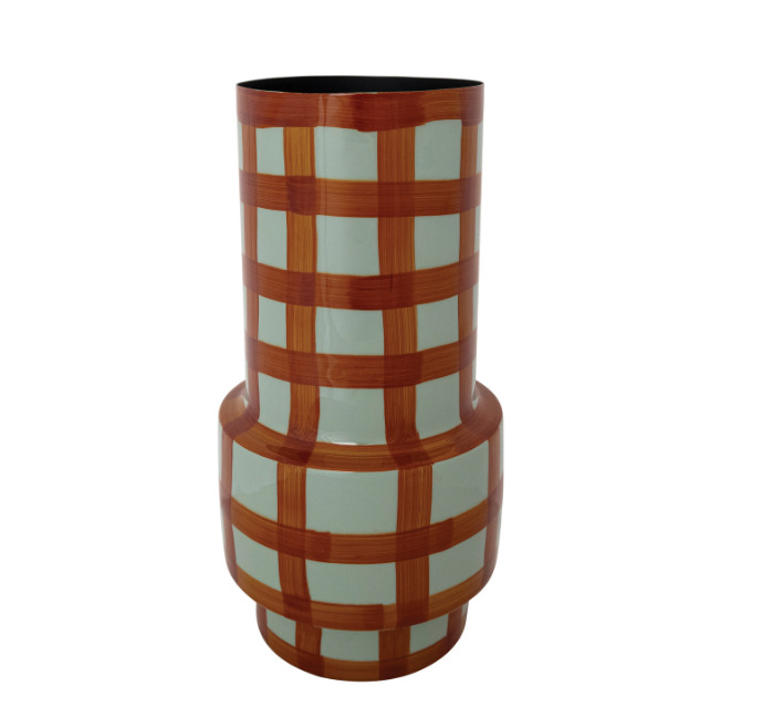 Grid Pattern Enameled Metal Vase