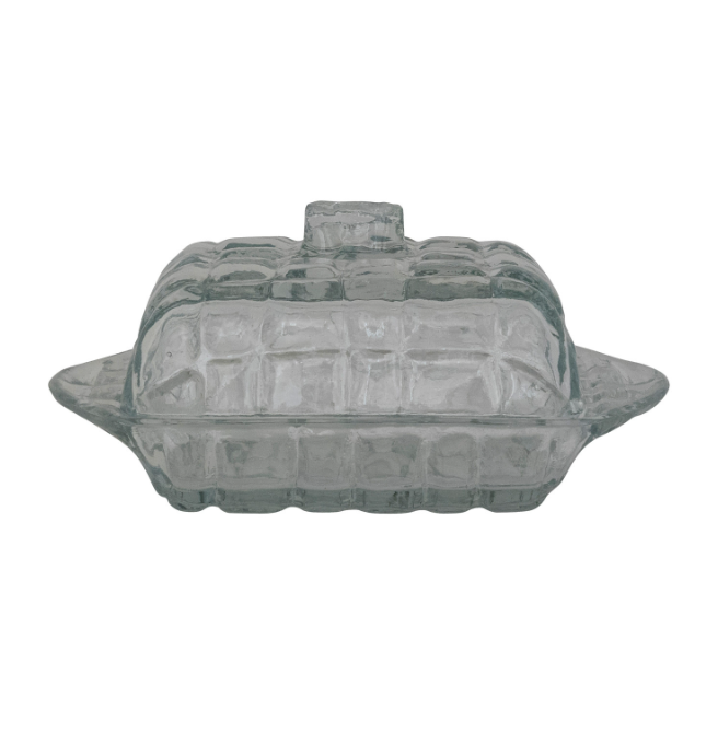 Pressed Glass Butter Dish with Grid Pattern
