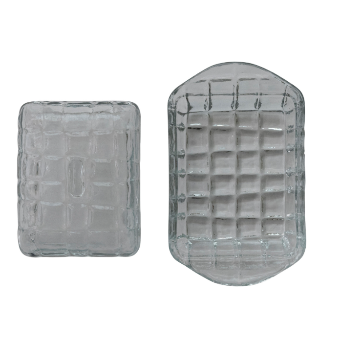 Pressed Glass Butter Dish with Grid Pattern