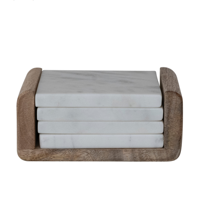 Marble Coasters with Mango Wood Holder Set of 5