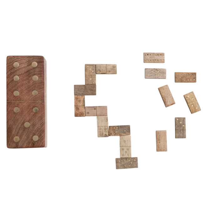 Handmade Mango Wood Brass Dominoes in Mango Wood Box Set of 29