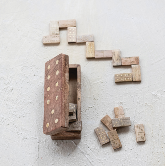 Handmade Mango Wood Brass Dominoes in Mango Wood Box Set of 29