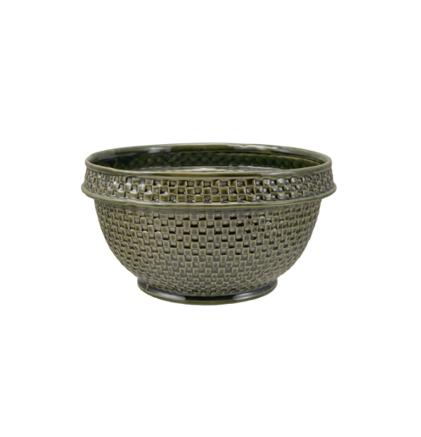 Green Stoneware Basket Weave Bowl