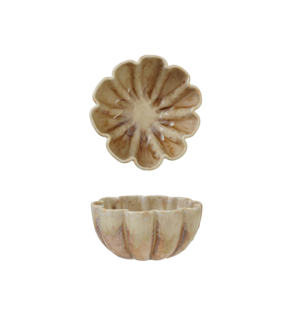 Brown Reactive Crackle Glaze Stoneware Fluted Scalloped Bowl