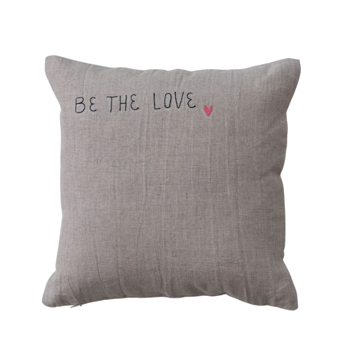 Be The Love Square Linen Pillow with Embroidered Heart