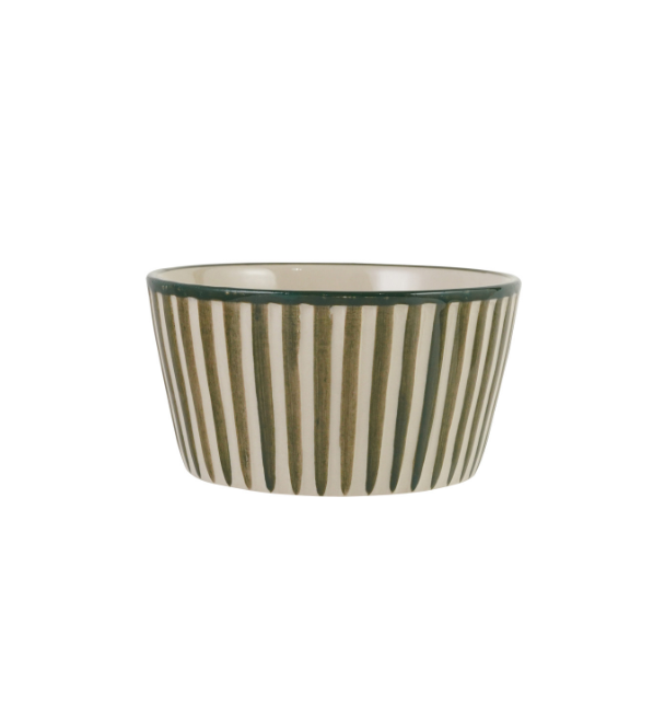 Cream and Green Hand Painted Stoneware Striped Bowl