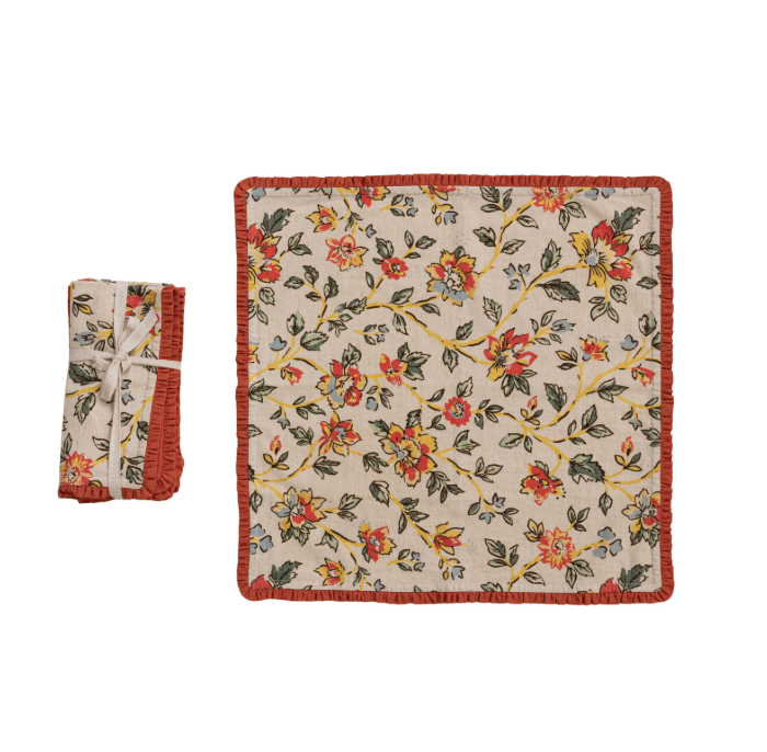 Red Ruffled Floral Cotton &amp; Linen Napkin