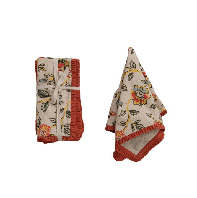 Red Ruffled Floral Cotton &amp; Linen Napkin