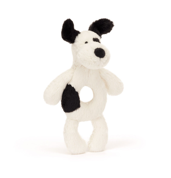 Bashful Black &amp; Cream Puppy Ring Rattle