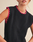 Blanket Stitch Pointelle Sweater Vest, Black Pink
