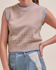 Blanket Stitch Pointelle Sweater Vest, Beige Blue