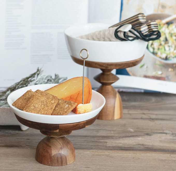 Stoneware Serving Dish with Acacia Wood Pedestal