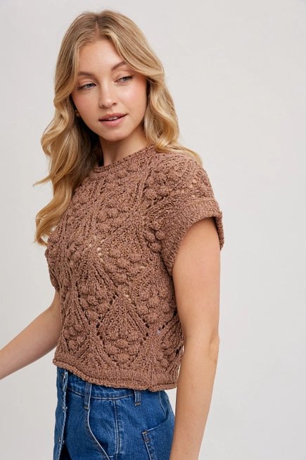Knit Short Sleeve Pullover Sweater, Mocha