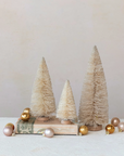 Cream Colored Sisal Bottle Brush Trees with Silver Glitter and Wood Bases