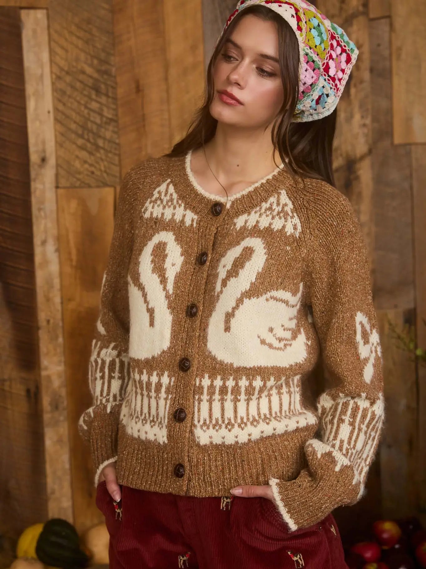 Swan Jacquard Button Down Long Sleeve Cardigan - Caramel
