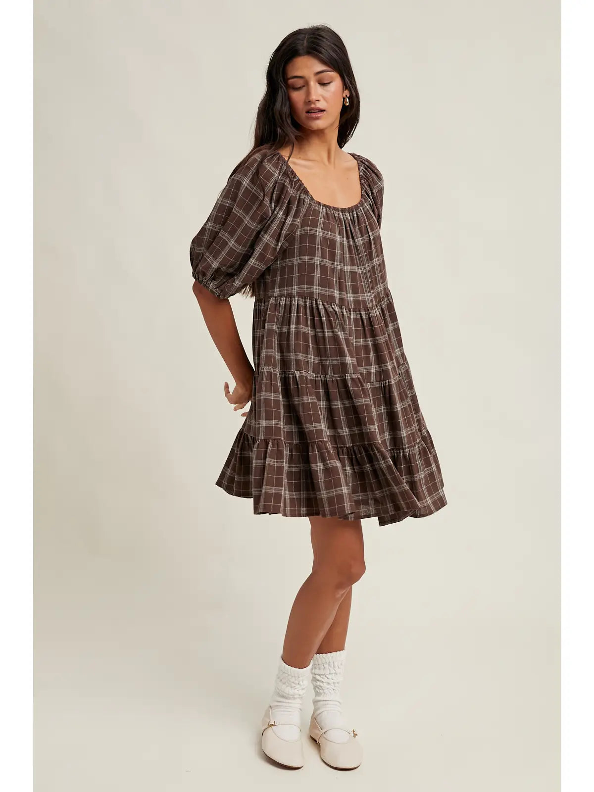 Tiered Plaid Mini Dress - Espresso