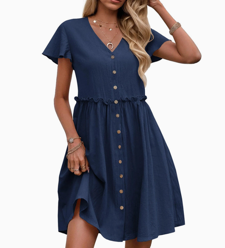 V-Neck Short Sleeve Ruffle Dress - Navy
