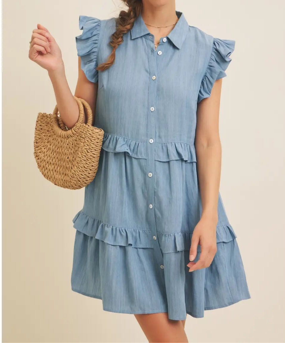 Washed Denim Button-Down Flare Mini Dress