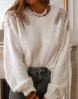 Elegant Ecru Pearls Shoulder Patchwork Knit Sweater