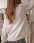 Elegant Ecru Pearls Shoulder Patchwork Knit Sweater