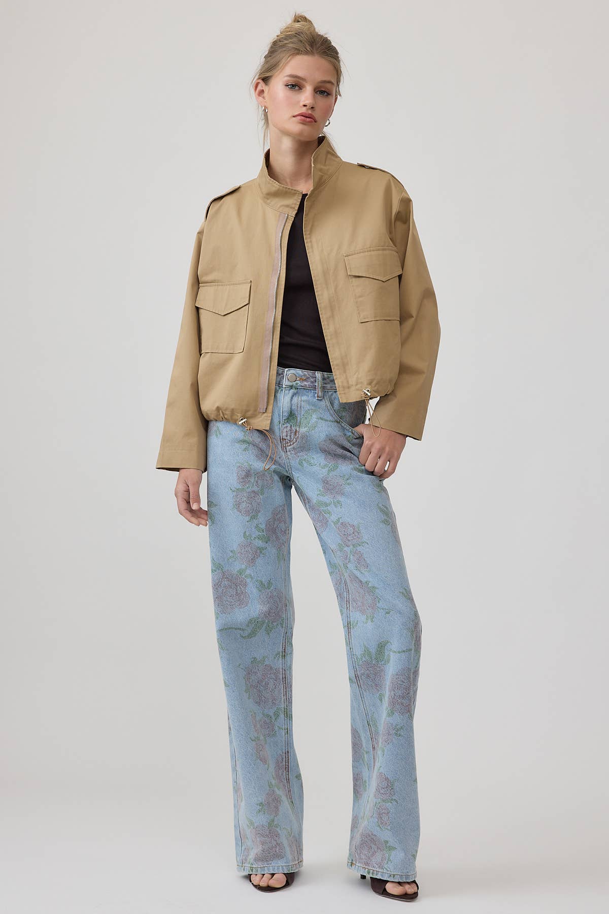 Cropped Utility Jacket with Stand Collar