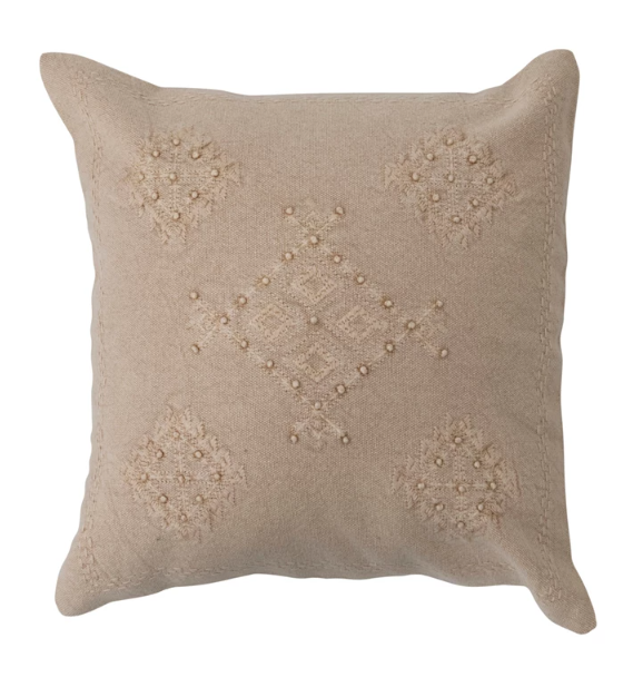 18&quot; Woven Cotton Pillow w/ Embroidery &amp; French Knots, Polyester Fill